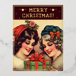  dames kerst thema groeten retro foto folie feestdagen briefkaart