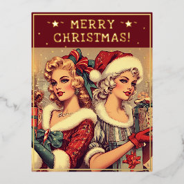  dames kerst thema groeten retro foto folie feestdagen briefkaart