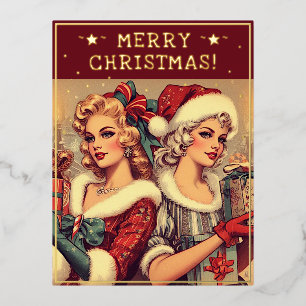  dames kerst thema groeten retro foto folie feestdagen briefkaart