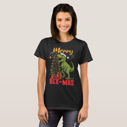 Dames Kerstmis Rex-mas Kerstman Dinosaur Retro Ker T-shirt (Voorkant volledig)