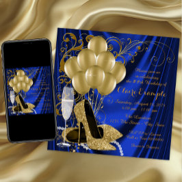 Dames Koninklijk Blauwe en Gouden Verjaardagsfeest Kaart