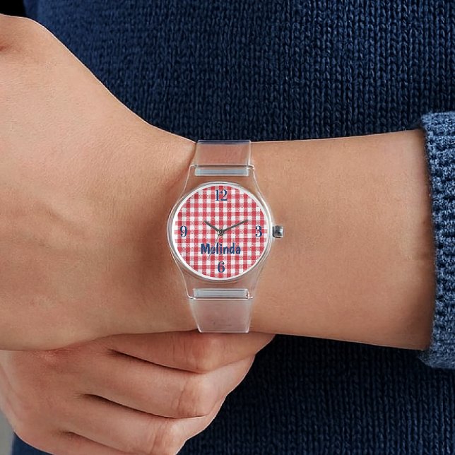 Dames Monogram Rode Witte Gingham Doorzichtige Sil Horloge (Creator heeft geüpload)