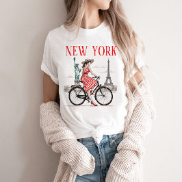 Dames New York T-shirt, fiets, Eiffeltoren T-shirt