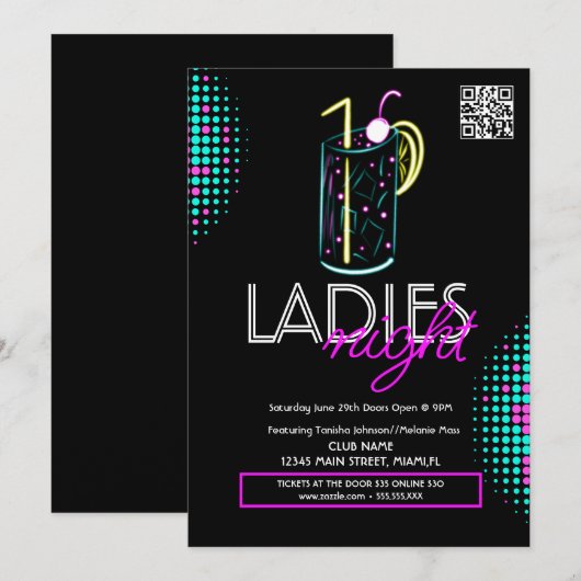Dames Night Club Cocktail Drink Neon Flyer Kaart (Voorkant / Achterkant)