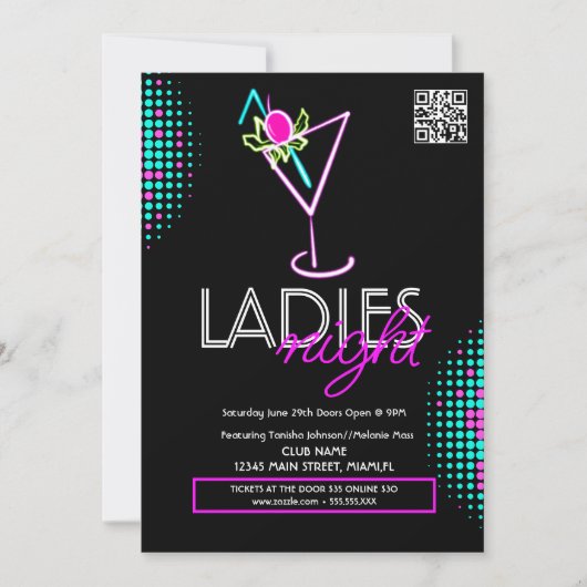 Dames Night Club Cocktail Neon Flyer Kaart (Voorkant)