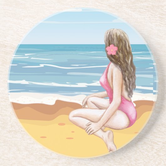 Dames op het strand zandsteen onderzetter (Voorkant)