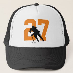 Dames op maat hockey speler nummer oranje zwart trucker pet