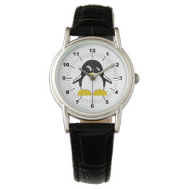 Dames Pinguïn Zwart Leren Strap Horloge