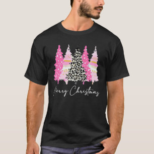 Dames Prettig Kerstfeest Roze Bomen Luipaard Schat T-shirt