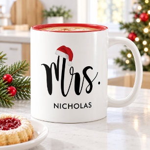 Dames Rode Kerstman Hoed Custom Kerst Monogram Tweekleurige Koffiemok