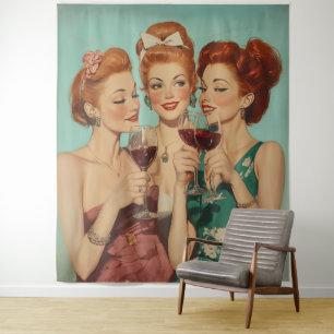  dames roosteren met wijn wandkleed
