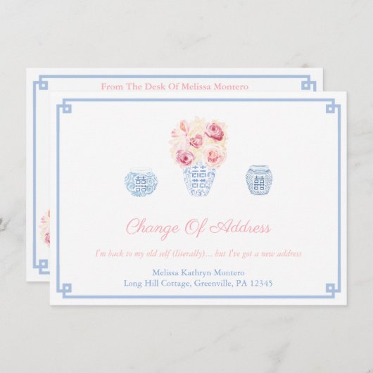 Dames roze en blauwe gember Rozen Nieuw adres Aankondiging (Voorkant / Achterkant)