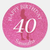 DAMES ROZE GLITTER GROOT VERJAARDAGSFEest Ronde Sticker (Voorkant)