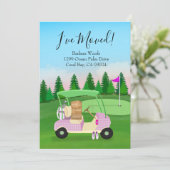 Dames Roze Golfkar Verhuisdozen Golfbaan Aankondiging (Staand voorkant)