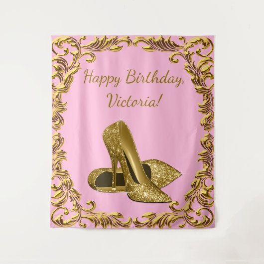 Dames Roze Gouden Hoge Hakken Verjaardag L Achterg Wandkleed (Voorkant)