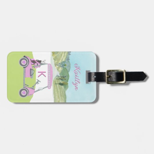 Dames Roze Waterverf Winkelwagen Monogram Naam Bagagelabel (Voorkant horizontaal)