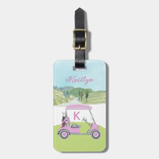 Dames Roze Waterverf Winkelwagen Monogram Naam Bagagelabel (Voorkant verticaal)