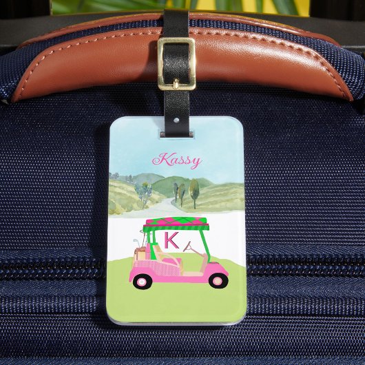 Dames Roze Waterverf Winkelwagen Monogram Naam Bagagelabel