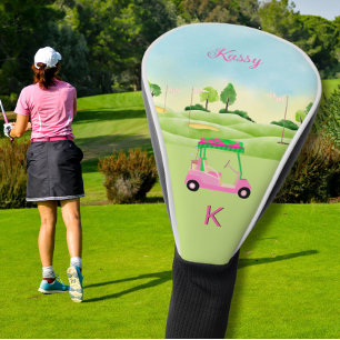 Dames Roze Waterverf Winkelwagen Monogram Naam Gol Golfheadcover