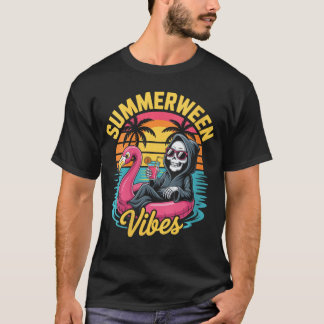 Dames Skelet Flamingo Griezelen Zomerfeest Strand T-shirt