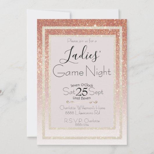 Dames Spel Nacht Roze Blush en Gouden Glitter Kaart (Voorkant)