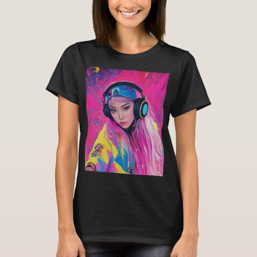 Dames T-shirt DJ meisje met roze haar (Voorkant)