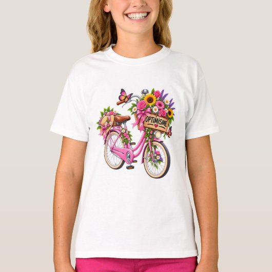 Dames T-shirt met bloemen « Optimisme » – Roze fie (Voorkant)