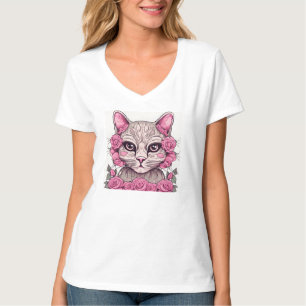 Dames T-shirt met kat en roze rozen