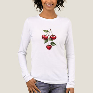 Dames T-shirt met kersenillustratie en lange mouwe