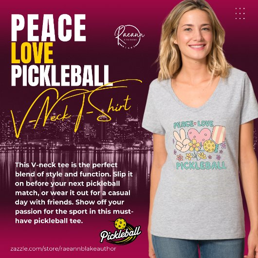 Dames T-shirt met V-hals 'Peace Love Pickleball'
