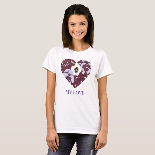 Dames T-shirt "Mijn Liefde" Paarse Viooltjes Hart (Voorkant volledig)