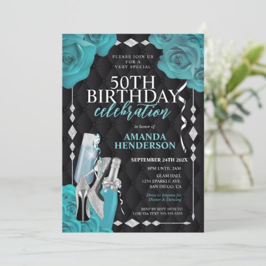 Dames Teal en Zilver Verjaardag Kaart (Staand voorkant)