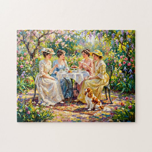 Dames tuinen treffen met Cavalier Spaniel Legpuzzel (Horizontaal)