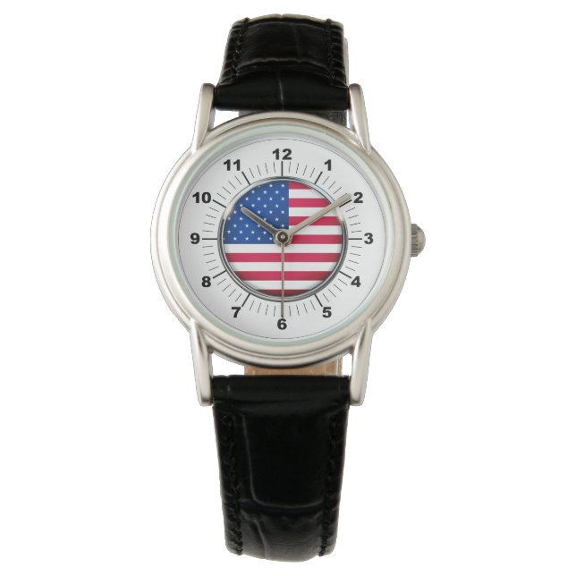 Dames USA Vlag Classic Zwart Lederen Strap Horloge (Voorkant)