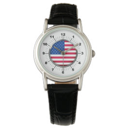 Dames USA Vlag Klassieke Zwarte Leren Band Horloge