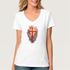 Dames V-hals T-shirt met brandend christelijk krui