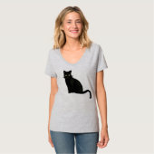 Dames V-hals zwarte katten shirt normale pasvorm (Voorkant volledig)