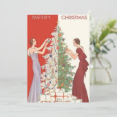  dames versieren kerstboom feestdagenkaart (Staand voorkant)