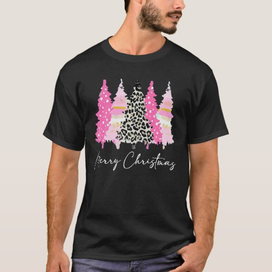 Dames Vrolijk Xmas Roze Bomen Luipaard Schattige T-shirt (Voorkant)