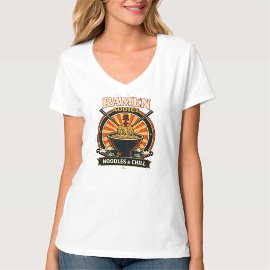 Dames wit V-hals T-shirt met Ramen verslaafd (Voorkant)