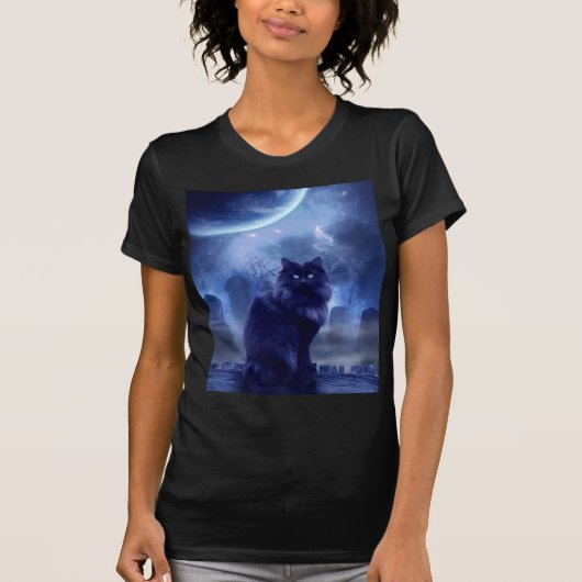 dames zwart kat en maan t-shirt (Voorkant)