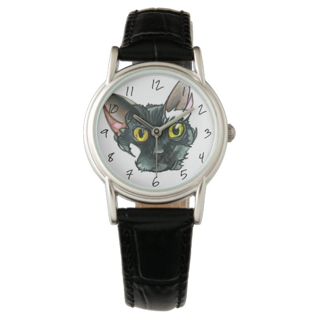Dames Zwart Kat Zwart Leren Bandhorloge Horloge (Voorkant)