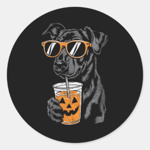 Dames Zwarte Hond Met Pompoen Drink Zonnebril Ronde Sticker