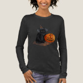 Dames Zwarte Kat Halloween T-shirt met lange mouwe (Voorkant)