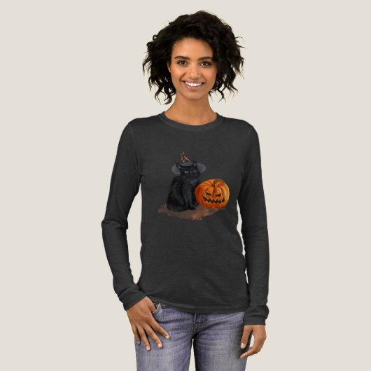 Dames Zwarte Kat Halloween T-shirt met lange mouwe (Voorkant)