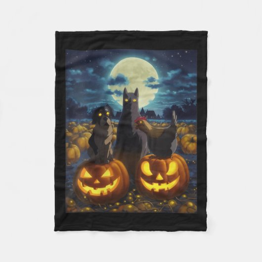 Dames Zwarte Kat Hond Kip Halloween Pompoen Fleece Deken (Voorkant)