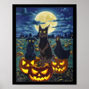 Dames Zwarte Kat Hond Kip Halloween Pompoen Poster