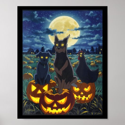 Dames Zwarte Kat Hond Kip Halloween Pompoen Poster (Voorkant)