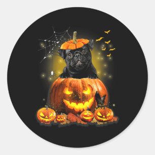 Dames Zwarte Pug Griezelige Halloween Pompoen Hond Ronde Sticker