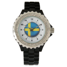 Dames Zweden Vlag Strass Zwart emaille horloge